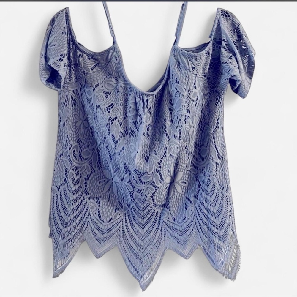 Light Blue Lace Cold Shoulder Top - Picture 1 of 4